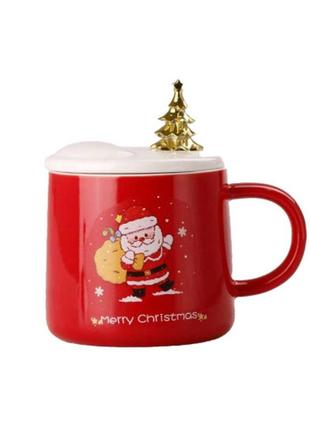 Чашка керамічна merry christmas 500мл з кришкою і ложкою чашка з кришкою червоний