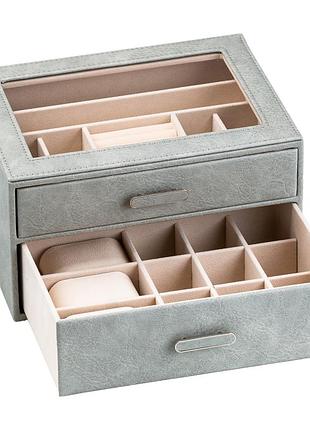 Шкатулка органайзер для украшений прямоугольная на два яруса из экокожи 24.5 х 17.5 х 14 см серая6 фото