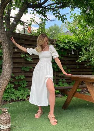 Чарівна лляна біла молочна літня сукня6 фото