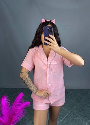 Якісна муслінова піжама сорочка з коротким рукавом + шорти якісний турецький🇹🇷 муслін