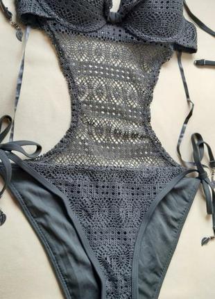 Женский купальник монокини пуш ап бра на косточках кроше слит сплошной ажурный вязаный...