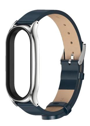 Шкіряний ремінець для фітнес браслета xiaomi mi band 5 и 6 type c темно-синій, тримач - сріблястий