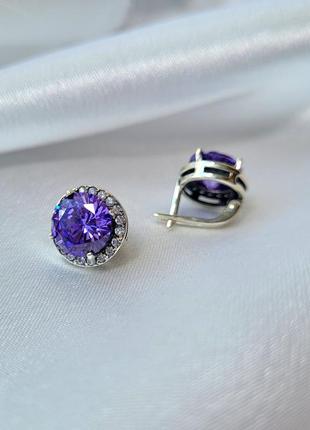 Серебряные серьги (пара) серёжки круг с большим сиреневым камнем черненное серебро 925 про...