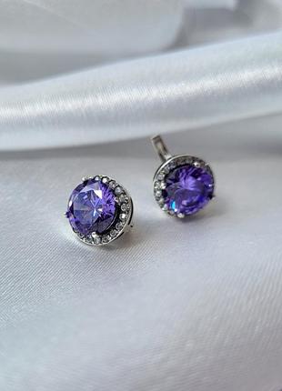 Серебряные серьги (пара) серёжки круг с большим сиреневым камнем черненное серебро 925 про...