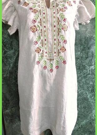 Бежевое льняное мини платье вышиванка 100% лен р.46 s,м ukrglamour5 фото