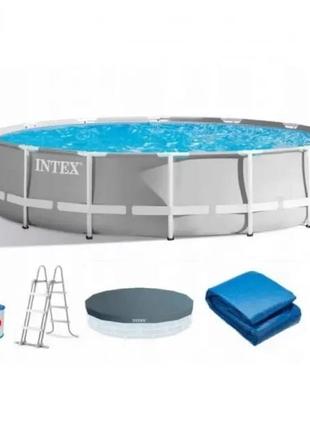 Каркасный бассейн intex 26726 prism frame pool 457x122 см. 16805 л. фильтр-насос, лестница, тент, подстилка1 фото