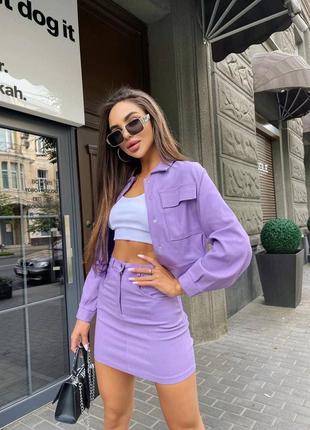 Костюм жіночий (жакет+спідниця) стрейч джинс s, м 42-46 фісташка (бірюзовий), блакитний, фіалковий