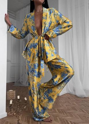 Женский качественный летний шелковый брючный костюм в пижамном стиле рубашка кимоно и штаны палаццо