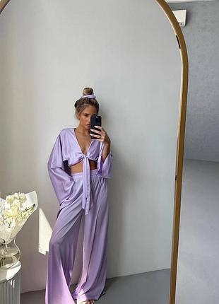 🌈5! шикарный шелковый брючный женский лавандовый сиреневый лаванда сирень костюм топ брюки брюки жемчужный шелк шелк