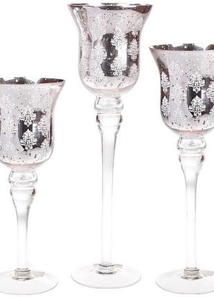 Набір 3 скляних свічники claudine 30 см, 35 см, 40 см, рожеві гарні свічники