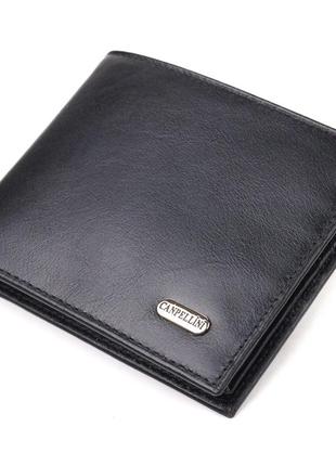 Якісний гаманець для чоловіків у два складання з натуральної гладкої шкіри canpellini 21579 чорний гаманець