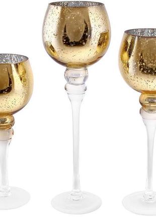 Набор 3 стеклянных подсвечника catherine 30см, 35см, 40см, светлое золото красивые подсвечники