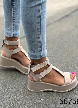 Женские босоножки на танкетке 6см с ремешками натуральная кожа замш