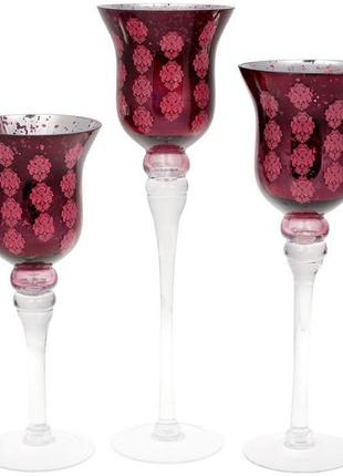 Набір 3 скляних свічники claudine 30 см, 35 см, 40 см, бордові гарні свічники