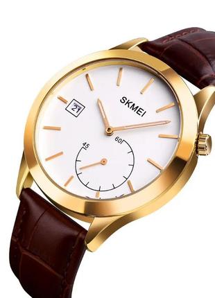 Мужские кварцевые часы skmei 1581 prestige коричневые с золотым стильные наручные часы для мужчин