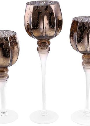 Набір 3 скляних свічники catherine 30 см, 35 см, 40 см, дзеркальний моко красиві свічники