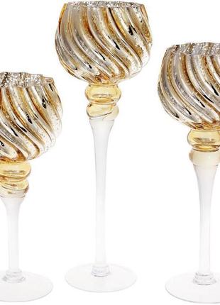 Набор 3 стеклянных подсвечника ferdeus 30см, 35см, 40см, цвет - золото красивые подсвечники