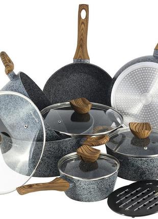 Набор кухонной посуды kamille grey marble 12 предметов, литой алюминий посуда для кухни