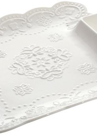 Блюдо фарфоровое (набор 2 штуки) "белое кружево" 26x26см с соусником сервировочная посуда