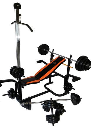 Лава для жима універсальна wcg 0020 з тягою і партою скотта + набір штанга та гантелі на 128 кг спортивна