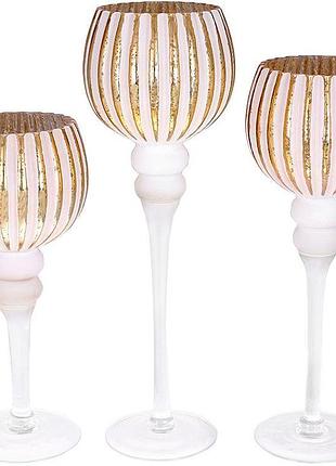 Набор 3 стеклянных подсвечника catherine 30см, 35см, 40см, белый матовый с золотом красивые подсвечники