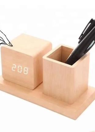 Электронные настольные часы с подставкой для канцелярии под дерево trn