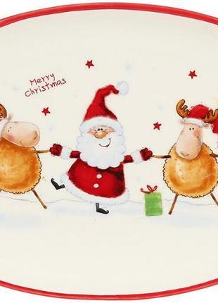 Тарелка овальная сервировочная "санта с оленями" керамическая 29x18.5см сервировочная посуда