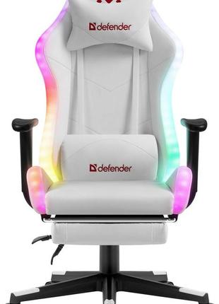 Геймерское кресло defender watcher полиуритановое с rgb подсветкой и подножкой (белое) игровое кресло