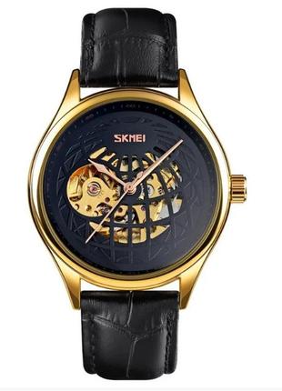 Чоловічий механічний годинник skmei 9209 скелетон (чорний)