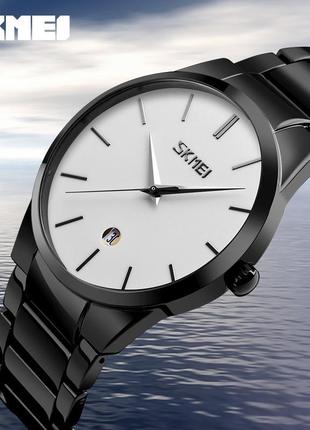 Чоловічий наручний годинник skmei 9140 чорний з білим циферблатом