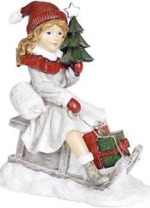 Декоративна статуетка "дівчинка з ялинкою на санках" 19х11х22 см, білий із червоним trnk