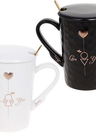 Набор 2 фарфоровых кружки "love you" 380мл с крышкой и ложкой trnk