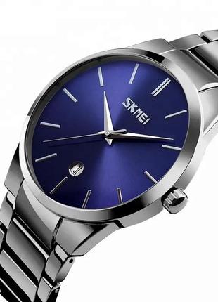 Чоловічий наручний годинник skmei 9140 сріблястий з синім циферблатом