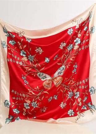 Шелковый платок mosi с бабочкой 90*90 см красно-белый