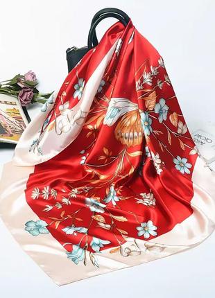 Шелковый платок mosi с бабочкой 90*90 см красно-белый