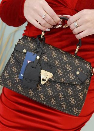 Коричневая женская сумочка «guess» саквояж брендовая классическая, бизнес-мини сумка на длинном ремешке