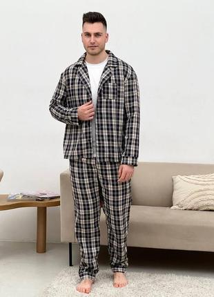 Пижама мужская cosy из фланели (штаны, рубашка, футболка) клетка темно-синяя-кремовая хl