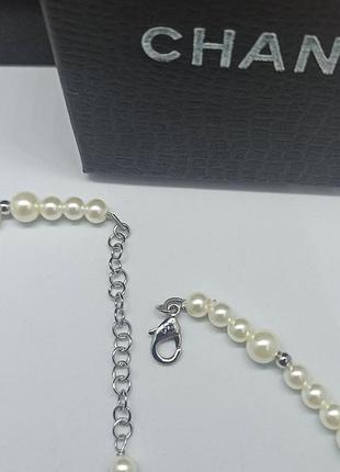 Чокер три шанель сріблястий з перлинами топ3 фото
