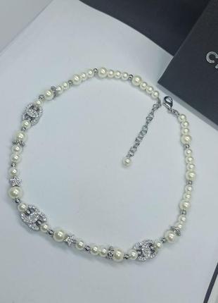 Чокер три шанель сріблястий з перлинами топ2 фото