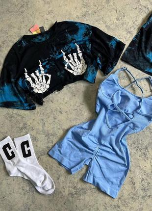 Літній жіночий костюм тай дай з спортивним комбінезоном з шортами з відкритою спинкою спиною з принтом скелету💕