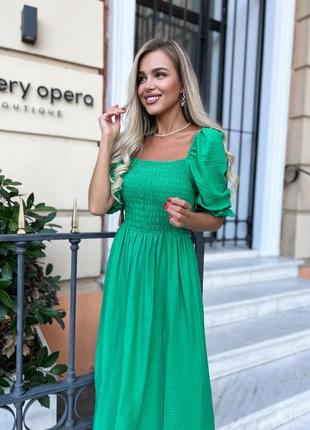Зеленое летнее льняное платье сарафан миди ☘️3 фото