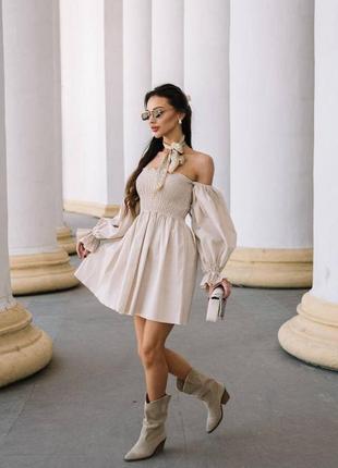 Жіноча лляна сукня міні з об'ємними рукавами, коротке плаття, сарафан з об'ємними рукавами, з льону, базова, однотонна, з резинкою, широка спідниця