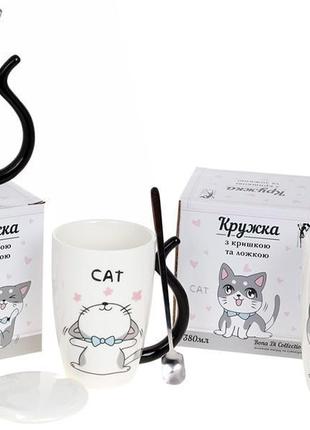 Кружка порцелянова "funny cats" 380мл daymart  з кришкою і ложкою, 4 дизайни2 фото