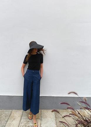 Льняные брюки кюлоты широкие синие zara new