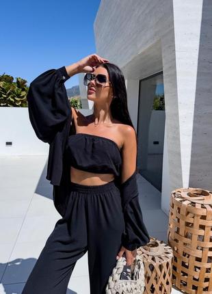 Легкий стильний костюм трійка (сорочка+топ+штани)2 фото