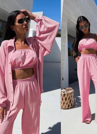 Легкий стильний костюм трійка (сорочка+топ+штани)5 фото