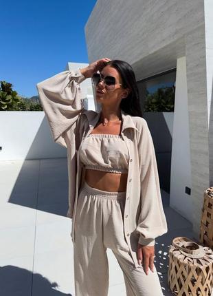 Легкий стильний костюм трійка (сорочка+топ+штани)9 фото
