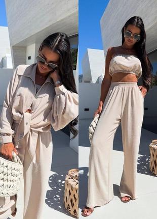 Легкий стильний костюм трійка (сорочка+топ+штани)7 фото