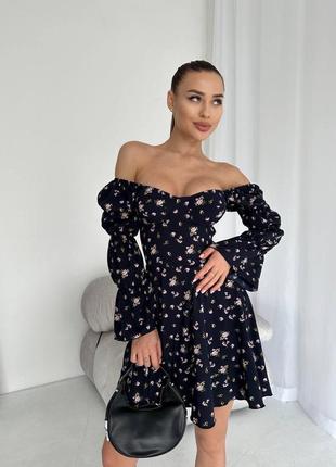 Сукня літня з софту з квітковим принтом чорна, синя і рожева, з довгими рукавами міні 🔥
