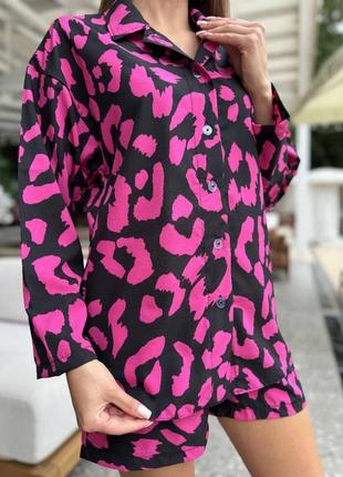 Яркий качественный женский комплект леопардовый костюм рубашка и шорты свободного кроя софт